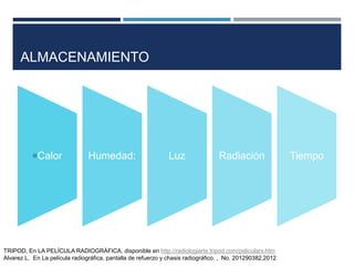 ALMACENAMIENTO
Calor Humedad: Luz Radiación Tiempo
TRIPOD, En LA PELÍCULA RADIOGRÁFICA, disponible en http://radiologiarte.tripod.com/pelicularx.htm
Alvarez L. En La película radiográfica, pantalla de refuerzo y chasis radiográfico. , No. 201290382,2012
 