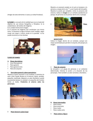 (Imagen de siete elementos: 6 caras y un árbol frondoso)
EL PLANO es una parte de la realidad que se ve a través del
objetivo de una cámara fotográfica o filmadora. Es la
unidad básica del análisis de imágenes.
Es la unidad mínima de la imagen.
Es el conjunto de imágenes que constituyen una misma
toma. Si tomamos la figura humana como medida, según
ocupe una mayor o menor escala en la pantalla se les
puede encontrar en tres familias.
CLASES DE PLANOS:
A. Planos descriptivos
• Gran Plano general
• Plano general
• Plano general corto
• Plano de conjunto
• Gran plano general o plano panorámico:
Muestra un gran escenario o una multitud. La persona no
está o bien queda diluida en el entorno; lejana, perdida,
pequeña, masificada. Adquiere un valor dramático cuando
se pretende destacar la soledad o la pequeñez del hombre
frente al medio. Predomina el entorno sobre los
personajes.
• Plano General o plano largo:
Muestra un escenario amplio en el cual se incorpora a la
persona, y ocupa entre una 1/3
y una ¼ parte del encuadre.
Muestra la acción por completo. Limita la presencia del
entorno. Coloca la imagen en un contexto (predomina el
paisaje, las personas se encuentran dentro de un paisaje)
• Plano
general corto:
Coloca la imagen dentro de un contexto, aunque con
mayor proximidad para percibir el conjunto, del paisaje y la
imagen.
• Plano de conjunto:
Se encuadra a un grupo de personas o un ambiente
determinado. Interesa la acción y la situación de los
personajes. Tiene también un valor narrativo o dramático.
B. Planos Intermedios
• Plano entero
• Plano americano
• Plano medio
• Plano medio corto
• Plano entero o figura:
 