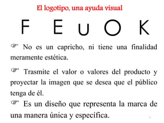 El logotipo, una ayuda visual
 No es un capricho, ni tiene una finalidad
meramente estética.
 Trasmite el valor o valores del producto y
proyectar la imagen que se desea que el público
tenga de él.
 Es un diseño que representa la marca de
una manera única y específica.
F E u O K
12
 