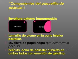 Envoltura externa impermeable
 Laminilla de plomo en la parte interior
posterior.
 Envoltura de papel negro que envuelve la
película.
 Película echa de poliéster cubierta en
ambos lados con emulsión de gelatina.
ReversoAnverso
 