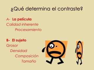 A- La película
Calidad inherente
Procesamiento
B- El sujeto
Grosor
Densidad
Composición
Tamaño
 