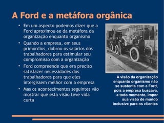 A Ford e a metáfora orgânica

Em um aspecto podemos dizer que a
Ford aproximou-se da metáfora da
organização enquanto organismo

Quando a empresa, em seus
primórdios, dobrou os salários dos
trabalhadores para estimular seu
compromisso com a organização

Ford compreende que era preciso
satisfazer necessidades dos
trabalhadores para que eles
intergissem melhor com a empresa

Mas os acontecimentos seguintes vão
mostrar que esta visão teve vida
curta
A visão da organização
enquanto organismo não
se sustenta com a Ford,
pois a empresa buscava,
a todo momento, impor
sua visão de mundo
inclusive para os clientes
 