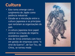Cultura

Este tema emerge com o
surgimento do Japão como
potência industrial

Estuda-se a vinculação entre a
cultura japonesa e os princípios
que norteiam as organizações do
país

A cultura japonesa teve papel
central na criação do império
econômico japonês

Uso de livros orientais com foco
em gestão de empresas como “A
Arte da Guerra”, de Sun Tzu, da
China, se tornou moda
 