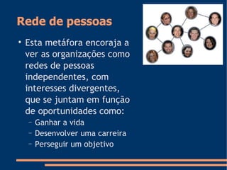 Rede de pessoas

Esta metáfora encoraja a
ver as organizações como
redes de pessoas
independentes, com
interesses divergentes,
que se juntam em função
de oportunidades como:
− Ganhar a vida
− Desenvolver uma carreira
− Perseguir um objetivo
 