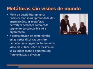 Metáforas são visões de mundo

Além de possibilitarem uma
compreensão mais aprofundada das
organizações, as metáforas
permitem perceber como cada
segmento da companhia vê a
organização

A oportunidade de compreender
estas visões distintas permite
perceber se a organização tem uma
visão articulada sobre si mesma ou
se as visões sobre a empresa são
fragmentadas e diversas
 