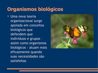 Organismos biológicos

Uma nova teoria
organizacional surge
apoiada em conceitos
biológicos que
defendem que
indivíduos e grupos –
assim como organismos
biológicos – atuam mais
eficazmente quando
suas necessidades são
satisfeitas
 