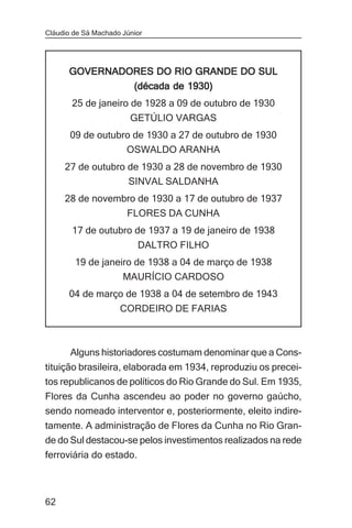Cláudio de Sá Machado Júnior




      GOVERNADORES DO RIO GRANDE DO SUL
               (década de 1930)
       25 de janeiro de 1928 a 09 de outubro de 1930
                        GETÚLIO VARGAS
       09 de outubro de 1930 a 27 de outubro de 1930
                   OSWALDO ARANHA
     27 de outubro de 1930 a 28 de novembro de 1930
                   SINVAL SALDANHA
     28 de novembro de 1930 a 17 de outubro de 1937
                       FLORES DA CUNHA
       17 de outubro de 1937 a 19 de janeiro de 1938
                          DALTRO FILHO
        19 de janeiro de 1938 a 04 de março de 1938
                   MAURÍCIO CARDOSO
      04 de março de 1938 a 04 de setembro de 1943
                     CORDEIRO DE FARIAS



       Alguns historiadores costumam denominar que a Cons-
tituição brasileira, elaborada em 1934, reproduziu os precei-
tos republicanos de políticos do Rio Grande do Sul. Em 1935,
Flores da Cunha ascendeu ao poder no governo gaúcho,
sendo nomeado interventor e, posteriormente, eleito indire-
tamente. A administração de Flores da Cunha no Rio Gran-
de do Sul destacou-se pelos investimentos realizados na rede
ferroviária do estado.



62
 