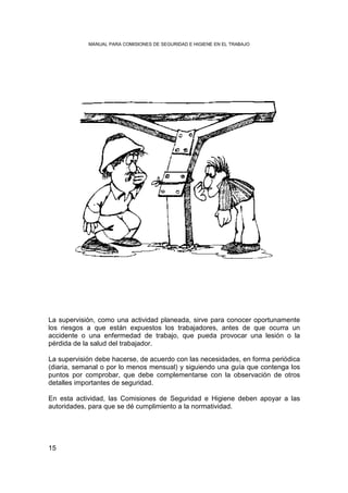 MANUAL PARA COMISIONES DE SEGURIDAD E HIGIENE EN EL TRABAJO




La supervisión, como una actividad planeada, sirve para conocer oportunamente
los riesgos a que están expuestos los trabajadores, antes de que ocurra un
accidente o una enfermedad de trabajo, que pueda provocar una lesión o la
pérdida de la salud del trabajador.

La supervisión debe hacerse, de acuerdo con las necesidades, en forma periódica
(diaria, semanal o por lo menos mensual) y siguiendo una guía que contenga los
puntos por comprobar, que debe complementarse con la observación de otros
detalles importantes de seguridad.

En esta actividad, las Comisiones de Seguridad e Higiene deben apoyar a las
autoridades, para que se dé cumplimiento a la normatividad.




15
 