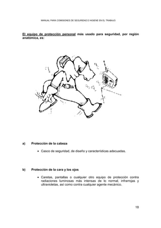MANUAL PARA COMISIONES DE SEGURIDAD E HIGIENE EN EL TRABAJO




El equipo de protección personal más usado para seguridad, por región
anatómica, es:




a)   Protección de la cabeza

         • Casco de seguridad, de diseño y características adecuadas.




b)   Protección de la cara y los ojos

         • Caretas, pantallas o cualquier otro equipo de protección contra
           radiaciones luminosas más intensas de lo normal, infrarrojas y
           ultravioletas, así como contra cualquier agente mecánico.




                                                                         18
 