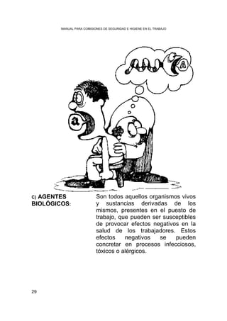 MANUAL PARA COMISIONES DE SEGURIDAD E HIGIENE EN EL TRABAJO




C)AGENTES                  Son todos aquellos organismos vivos
BIOLÓGICOS:                y sustancias derivadas de los
                           mismos, presentes en el puesto de
                           trabajo, que pueden ser susceptibles
                           de provocar efectos negativos en la
                           salud de los trabajadores. Estos
                           efectos    negativos   se   pueden
                           concretar en procesos infecciosos,
                           tóxicos o alérgicos.




29
 