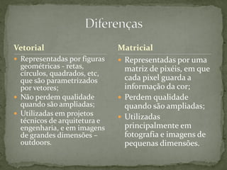 Vetorial
 Representadas por figuras
geométricas - retas,
círculos, quadrados, etc,
que são parametrizados
por vetores;
 Não perdem qualidade
quando são ampliadas;
 Utilizadas em projetos
técnicos de arquitetura e
engenharia, e em imagens
de grandes dimensões –
outdoors.
 Representadas por uma
matriz de pixéis, em que
cada pixel guarda a
informação da cor;
 Perdem qualidade
quando são ampliadas;
 Utilizadas
principalmente em
fotografia e imagens de
pequenas dimensões.
Matricial
 