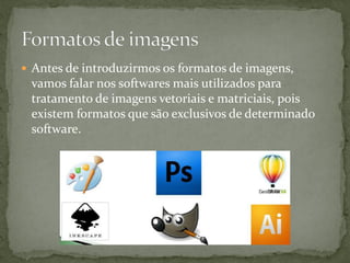  Antes de introduzirmos os formatos de imagens,
vamos falar nos softwares mais utilizados para
tratamento de imagens vetoriais e matriciais, pois
existem formatos que são exclusivos de determinado
software.
 