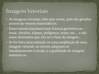  As imagens vetoriais, têm esse nome, pois são geradas
através de vetores matemáticos.
 Esses vetores parametrizam formas geométricas –
retas, círculos, elipses, polígonos, texto, etc…, e são
esses elementos que vão ser a base da imagem.
 Se for feita uma redução ou uma ampliação de uma
imagem vetorial, os vetores adaptam-se
imediatamente à escala, e a qualidade da imagem
mantem-se.
 