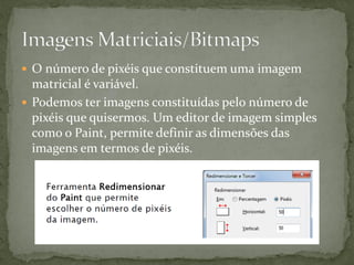  O número de pixéis que constituem uma imagem
matricial é variável.
 Podemos ter imagens constituídas pelo número de
pixéis que quisermos. Um editor de imagem simples
como o Paint, permite definir as dimensões das
imagens em termos de pixéis.
 