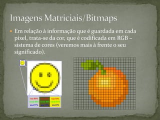  Em relação à informação que é guardada em cada
pixel, trata-se da cor, que é codificada em RGB –
sistema de cores (veremos mais à frente o seu
significado).
 