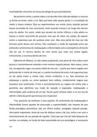 165
incomodando a terceiros em busca do abrigo de que precisávamos.
No primeiro sonho, a ponte sobre o rio da vida tinha sido derrubada e a menina
se ferido ao tentar saltar o rio. Meu pai havia sido aquela ponte, e a inundação da
morte o levara embora. Que eu experimentara sua morte como rejeição pessoal
estava escondido de meu consciente, tanto quando criança e ao longo dos demais
anos de adulta. Foi assim, ainda que através da minha infância e vida adulta eu
tivesse o sonho recorrente de procurar meu pai, de achar seu caixão, de esperar
contra a esperança que ele pudesse estar vivo. Mas essa perda de meu pai não
formava parte desses seis sonhos. Eles revelavam o medo de exposição junto aos
profundos sentimentos de inadequação e inferioridade como conseqüência direta de
não ter pai. A menina dentro de mim sentia que tudo isso estava ligado,
intimamente, à escritora dentro de mim.
Diferente de Mateus, eu não estava projetando uma parte de mim sobre outra
pessoa e irracionalmente amando a mim mesma naquela pessoa. Mas estava, como
ele, conseguindo negar uma parte válida de meu ser - a parte que havia reagido com
profunda dor à morte de meu pai, e a perda resultante do amor e da segurança que
só ele podia trazer a minha mãe, minha irmãzinha, e eu. Nas tentativas de
sobrepujar a perda, eu, como qualquer bom estóico, simplesmente negava que
houvesse esse sentimento. Firme e consistentemente eu negava em minha vida a
garotinha que admitisse seu medo de rejeição e exposição, inadequação e
inferioridade, pela ausência de um pai. Era ela quem tentava saltar o rio em vez de
admitir a falta da ponte que tornava isso impossível.
Tive, portanto, de confessar o meu orgulho. Os sentimentos de inadequação e
inferioridade (como aqueles de presunção e superioridade), não importa de que
ferida psicológica provenham, são, em última análise, arraigadas naquele pecado.
Uma parte importante, tanto da cura de Mateus como a de Lisa, tinha a ver com o
reconhecimento de seu pecado de orgulho. Creio que por trás de todo bloqueio de
escritor, na verdade, no fundo de toda necessidade de cura psicológica, é necessário
 