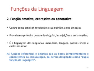 Funções da Linguagem2. Função emotiva, expressiva ou conotativa:Centra-se no emissor, revelando a sua opinião, a sua emoção;