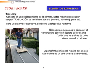 STORY BOARD ELEMENTOS EXPRESIVOS Travelling:  Consiste en un desplazamiento de la cámara. Estos movimientos suelen ser por TRASLACIÓN de la cámara por una persona, travelling, grúa, etc.  Tiene un gran valor expresivo, de relieve y perspectiva narrativa.  Casi siempre se coloca la cámara y el camarógrafo sobre un aparato que se llama  "dolly“ que va encima de unos rieles, como los del tren.  El primer travelling en la historia del cine se hizo encima de un bote que se iba moviendo. 