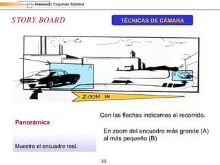 STORY BOARD TÉCNICAS DE CÁMARA Con las flechas indicamos el recorrido. Panorámica Muestra el encuadre real. En zoom del encuadre más grande (A) al más pequeño (B)  