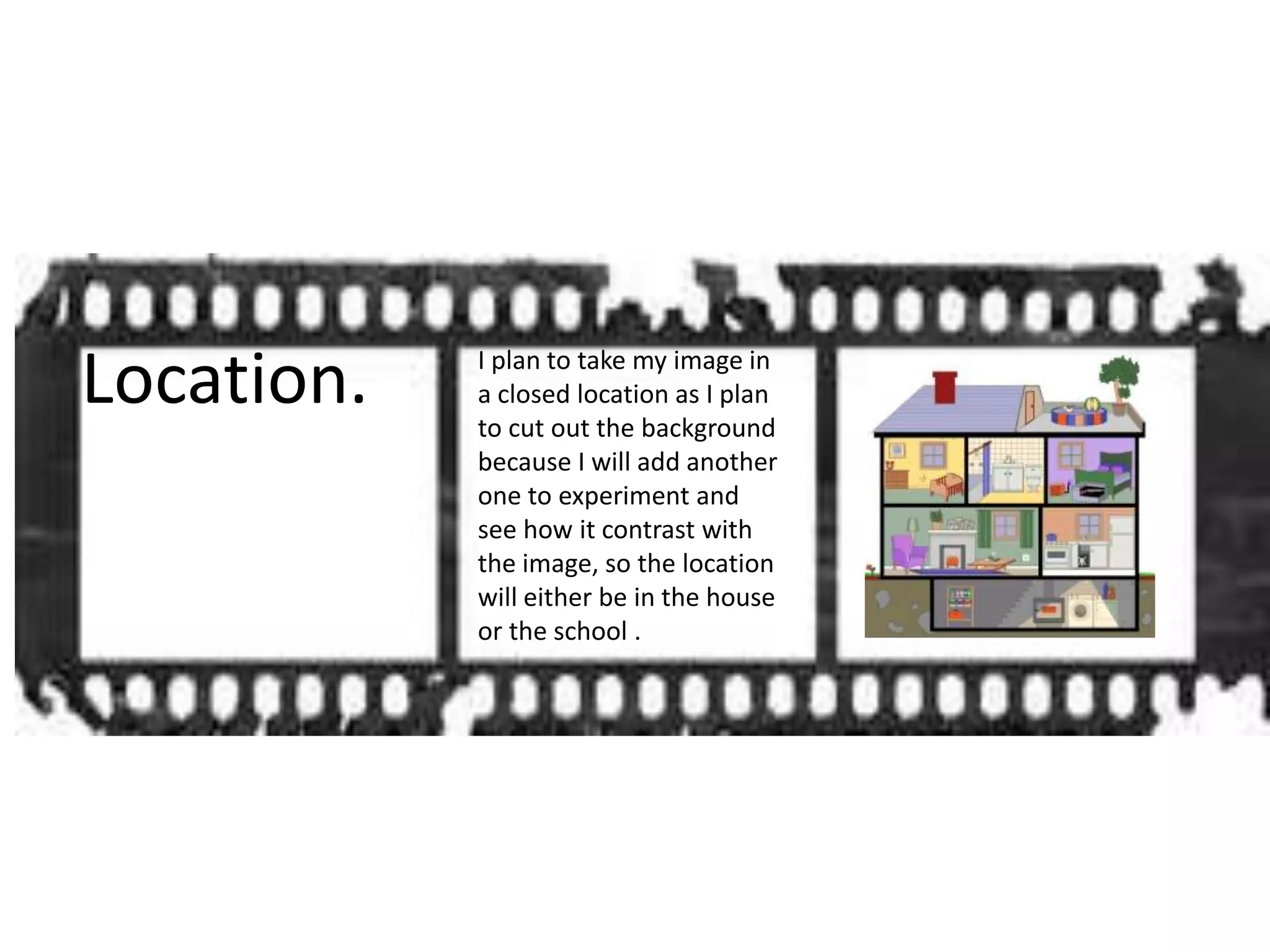 Location. I plan to take my image in
a closed location as I plan
to cut out the background
because I will add another
one to experiment and
see how it contrast with
the image, so the location
will either be in the house
or the school .