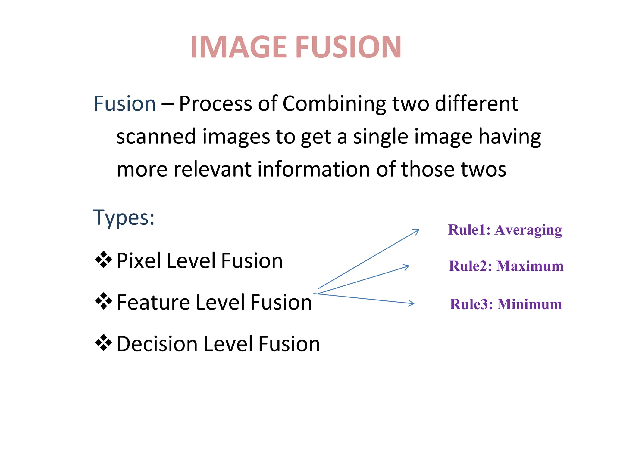 Fusion – Process of Combining two different
scanned images to get a single image having
more relevant information of those twos
Types:
Pixel Level Fusion
Feature Level Fusion
Decision Level Fusion
IMAGE FUSION
Rule1: Averaging
Rule2: Maximum
Rule3: Minimum
 