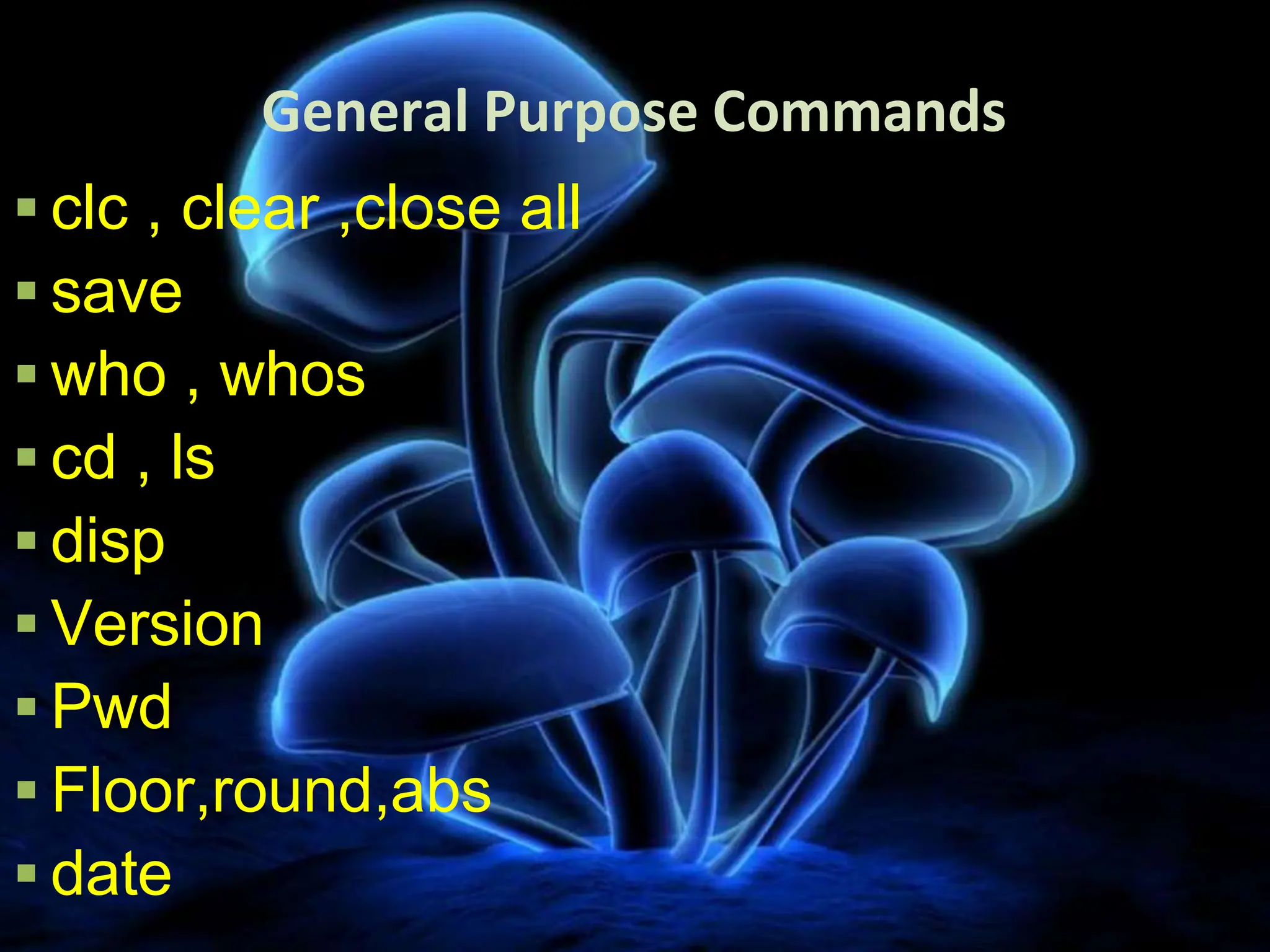General Purpose Commands
 clc , clear ,close all
 save
 who , whos
 cd , ls
 disp
 Version
 Pwd
 Floor,round,abs
 date
 