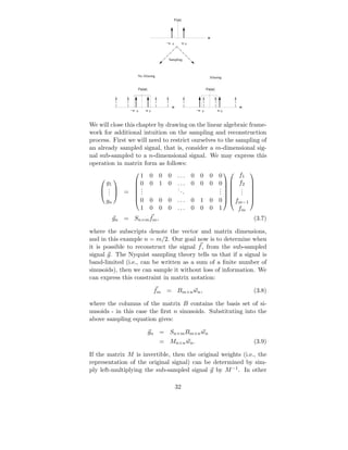 F(w)




                                                              w
                                   −w 0          w0



                                    Sampling



                  No Aliasing                                   Aliasing


                      Fs(w)                                   Fs(w)




                                      w                                         w
               −w 0       w0                           −w 0           w0



We will close this chapter by drawing on the linear algebraic frame-
work for additional intuition on the sampling and reconstruction
process. First we will need to restrict ourselves to the sampling of
an already sampled signal, that is, consider a m-dimensional sig-
nal sub-sampled to a n-dimensional signal. We may express this
operation in matrix form as follows:
              1               0 0 0        ...        0 0 0           0      f1
                                                                                 
     g1                                                                   f2 
        
            0                0 1 0        ...        0 0 0           0
     .    .                             ..                         .  . 
            
     .  = .
      .       .                               .                       .  . 
                                                                      .  . 
                                                                                
     gn     0                0 0 0        ...        0 1 0           0   fm−1 
              1               0 0 0        ...        0 0 0           1      fm
        gn = Sn×m fm ,                                                              (3.7)

where the subscripts denote the vector and matrix dimensions,
and in this example n = m/2. Our goal now is to determine when
it is possible to reconstruct the signal f , from the sub-sampled
signal g. The Nyquist sampling theory tells us that if a signal is
band-limited (i.e., can be written as a sum of a ﬁnite number of
sinusoids), then we can sample it without loss of information. We
can express this constraint in matrix notation:

                               fm = Bm×n wn ,                                       (3.8)

where the columns of the matrix B contains the basis set of si-
nusoids - in this case the ﬁrst n sinusoids. Substituting into the
above sampling equation gives:

                              gn = Sn×m Bm×n wn
                                 = Mn×n wn .                                        (3.9)

If the matrix M is invertible, then the original weights (i.e., the
representation of the original signal) can be determined by sim-
ply left-multiplying the sub-sampled signal g by M −1 . In other

                                          32
 