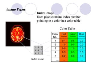 Image Types
Index image
Each pixel contains index number
pointing to a color in a color table










256
746
941
Index value
Index
No.
Red
component
Green
component
Blue
component
1 0.1 0.5 0.3
2 1.0 0.0 0.0
3 0.0 1.0 0.0
4 0.5 0.5 0.5
5 0.2 0.8 0.9
… … … …
Color Table
 