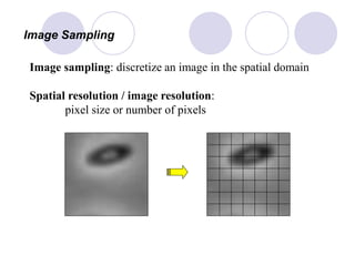 Image Sampling
Image sampling: discretize an image in the spatial domain
Spatial resolution / image resolution:
pixel size or number of pixels
 