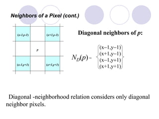 p
(x+1,y-1)(x-1,y-1)
(x-1,y+1) (x+1,y+1)
Diagonal neighbors of p:
ND(p)=
(x1,y1)
(x+1,y1)
(x1,y+1)
(x+1,y+1)
Neighbors of a Pixel (cont.)
Diagonal -neighborhood relation considers only diagonal
neighbor pixels.
 