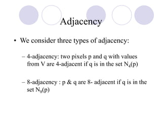 Adjacency
• We consider three types of adjacency:
– 4-adjacency: two pixels p and q with values
from V are 4-adjacent if q is in the set N4(p)
– 8-adjacency : p & q are 8- adjacent if q is in the
set N8(p)
 