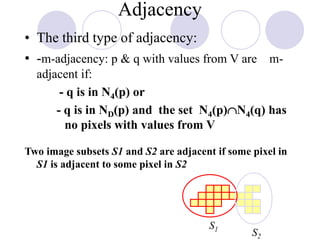 Adjacency
• The third type of adjacency:
• -m-adjacency: p & q with values from V are m-
adjacent if:
- q is in N4(p) or
- q is in ND(p) and the set N4(p)N4(q) has
no pixels with values from V
Two image subsets S1 and S2 are adjacent if some pixel in
S1 is adjacent to some pixel in S2
S1
S2
 