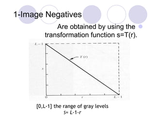 1-Image Negatives
Are obtained by using the
transformation function s=T(r).
[0,L-1] the range of gray levels
S= L-1-r
 