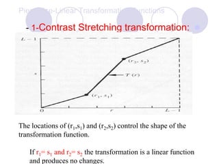 Piecewise-Linear Transformation Functions
- 1-Contrast Stretching transformation:
The locations of (r1,s1) and (r2,s2) control the shape of the
transformation function.
If r1= s1 and r2= s2 the transformation is a linear function
and produces no changes.
 