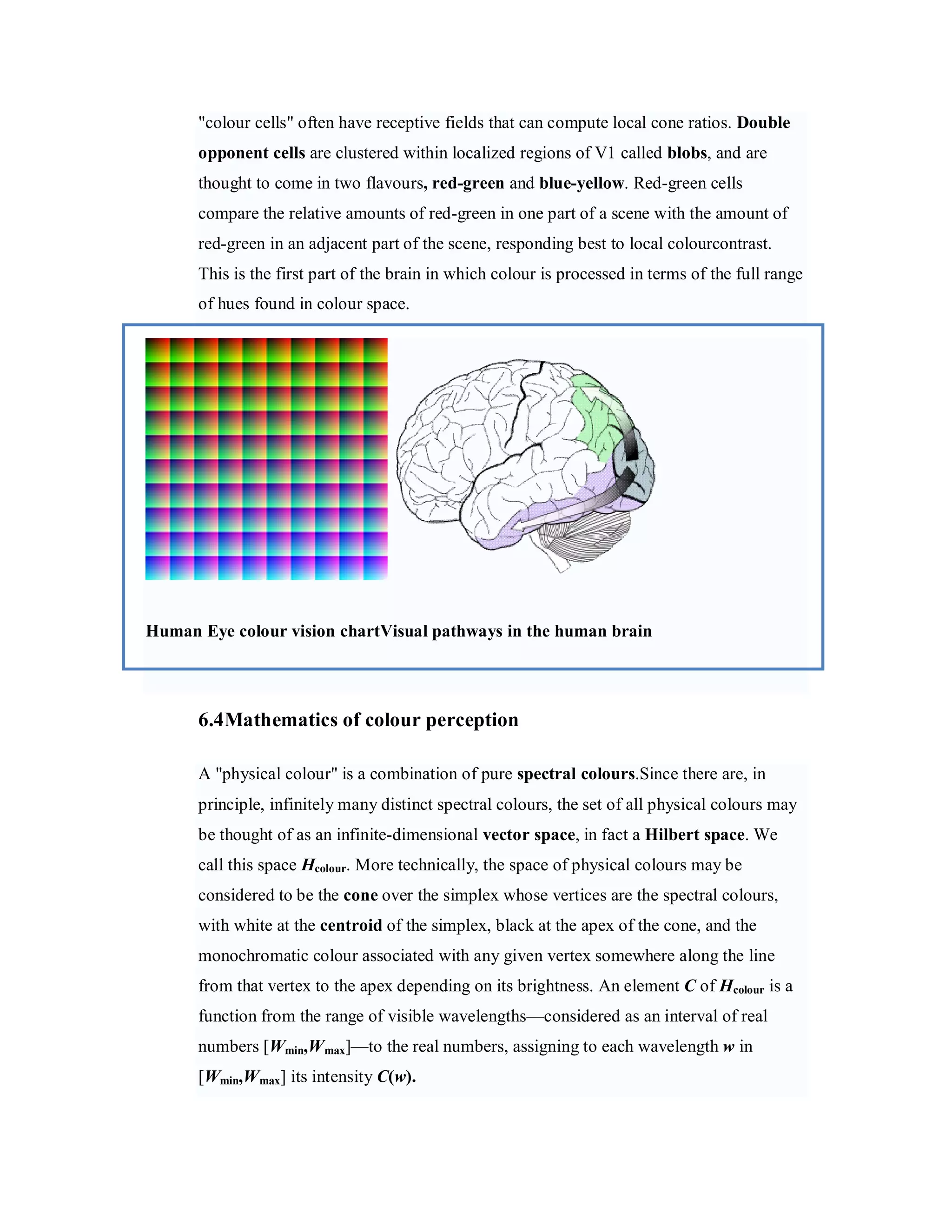 "colour cells" often have receptive fields that can compute local cone ratios. Double opponent cells are clustered within localized regions of V1 called blobs, and are thought to come in two flavours, red-green and blue-yellow. Red-green cells compare the relative amounts of red-green in one part of a scene with the amount of red-green in an adjacent part of the scene, responding best to local colourcontrast. This is the first part of the brain in which colour is processed in terms of the full range of hues found in colour space. Human Eye colour vision chartVisual pathways in the human brain 6.4Mathematics of colour perception A "physical colour" is a combination of pure spectral colours.Since there are, in principle, infinitely many distinct spectral colours, the set of all physical colours may be thought of as an infinite-dimensional vector space, in fact a Hilbert space. We call this space Hcolour. More technically, the space of physical colours may be considered to be the cone over the simplex whose vertices are the spectral colours, with white at the centroid of the simplex, black at the apex of the cone, and the monochromatic colour associated with any given vertex somewhere along the line from that vertex to the apex depending on its brightness. An element C of Hcolour is a function from the range of visible wavelengths—considered as an interval of real numbers [Wmin,W max]—to the real numbers, assigning to each wavelength w in [Wmin,W max] its intensity C(w). 
