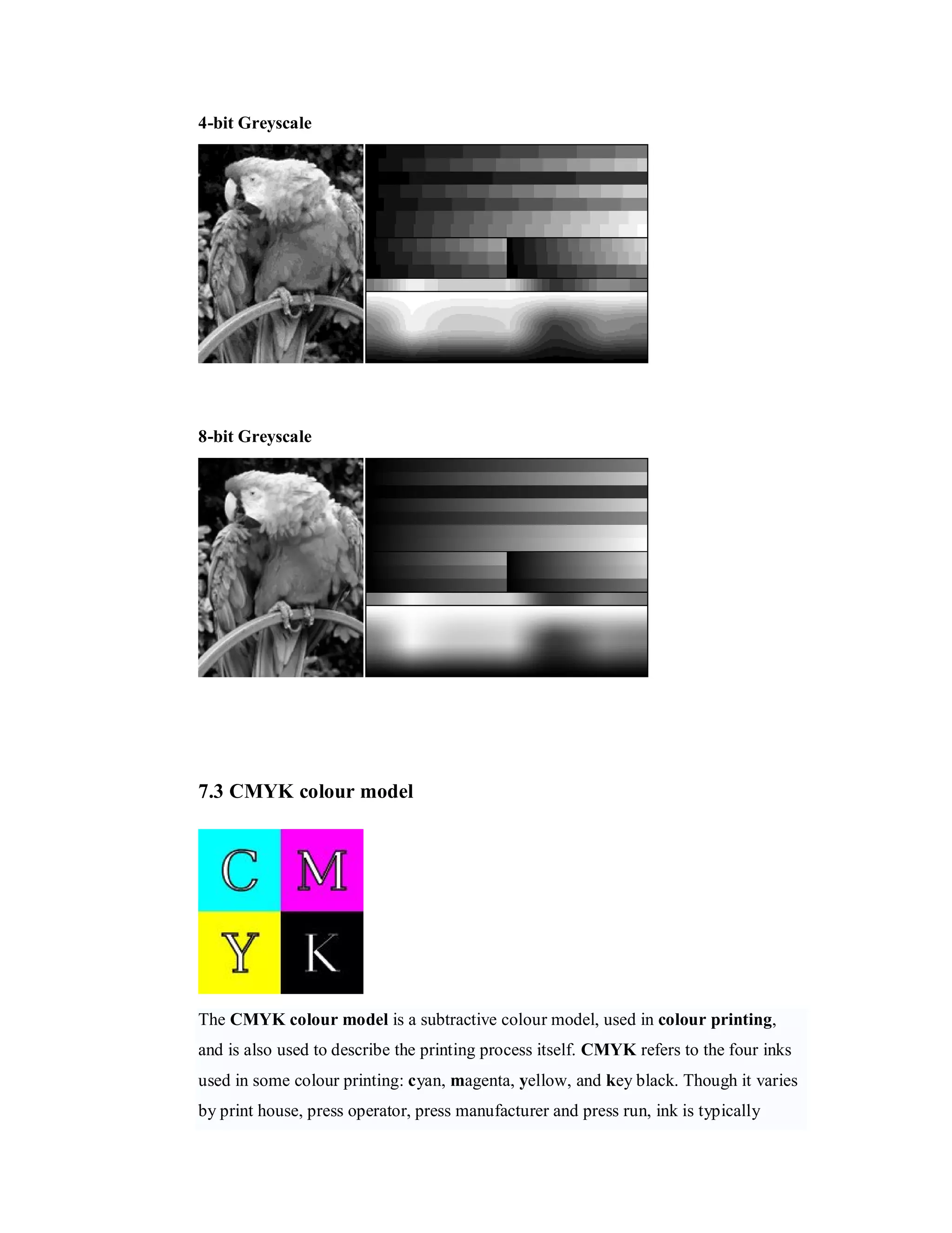 4-bit Greyscale 8-bit Greyscale 7.3 CMYK colour model The CMYK colour model is a subtractive colour model, used in colour printing, and is also used to describe the printing process itself. CMYK refers to the four inks used in some colour printing: cyan, magenta, yellow, and key black. Though it varies by print house, press operator, press manufacturer and press run, ink is typically 