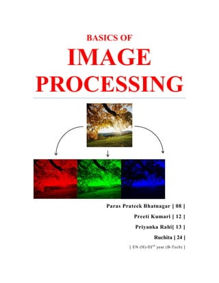 BASICS OF

  IMAGE
PROCESSING




      Paras Prateek Bhatnagar [ 08 ]
                Preeti Kumari [ 12 ]
                 Priyanka Rahi[ 13 ]
                           Ruchita [ 24 ]
              [ EN (H)-III rd year (B-Tech) ]
 