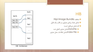 ‫31‬

‫‪HIB‬‬
‫‪ ‬مخفف ‪Hipi Image Bundle‬‬
‫‪ ‬شامل تعداد زیادی تصاویر در قالب یک فایل‬
‫‪ ‬که شامل دو فایل است:‬
‫‪‬‬
‫‪‬‬

‫‪:DataFile‬شامل تصاویر الحاق شده‬
‫‪:Index File‬شامل اطالعات محل تصاویر‬

 