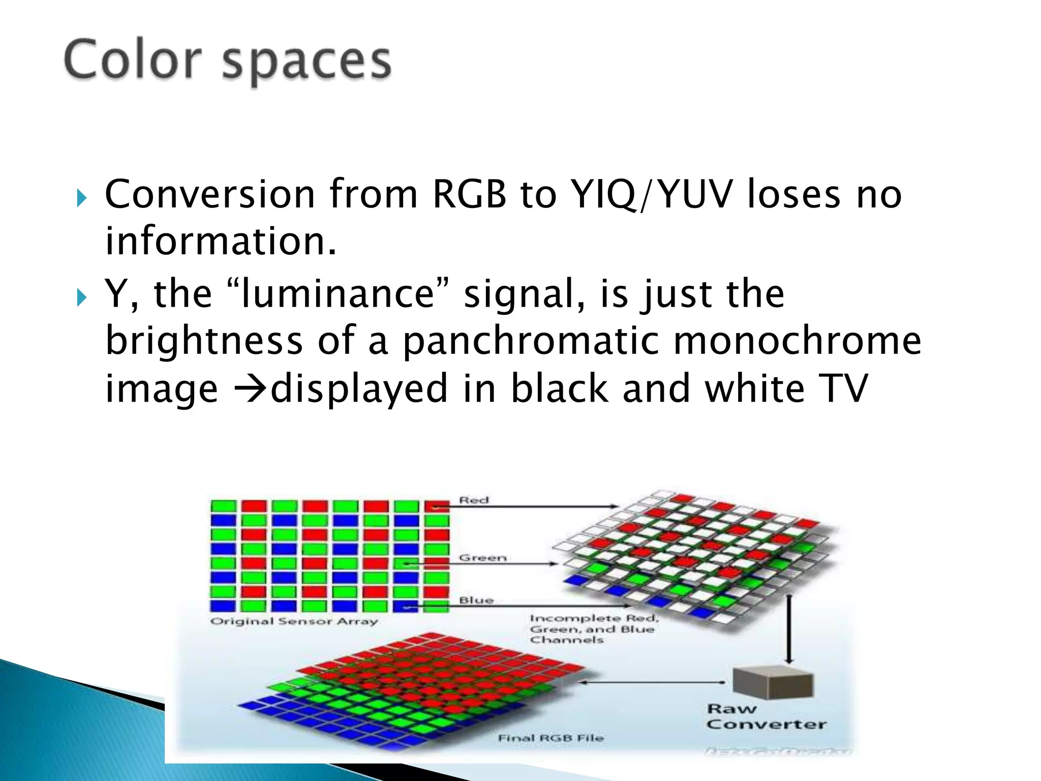 



Conversion from RGB to YIQ/YUV loses no
information.
Y, the “luminance” signal, is just the
brightness of a panchromatic monochrome
image displayed in black and white TV

 
