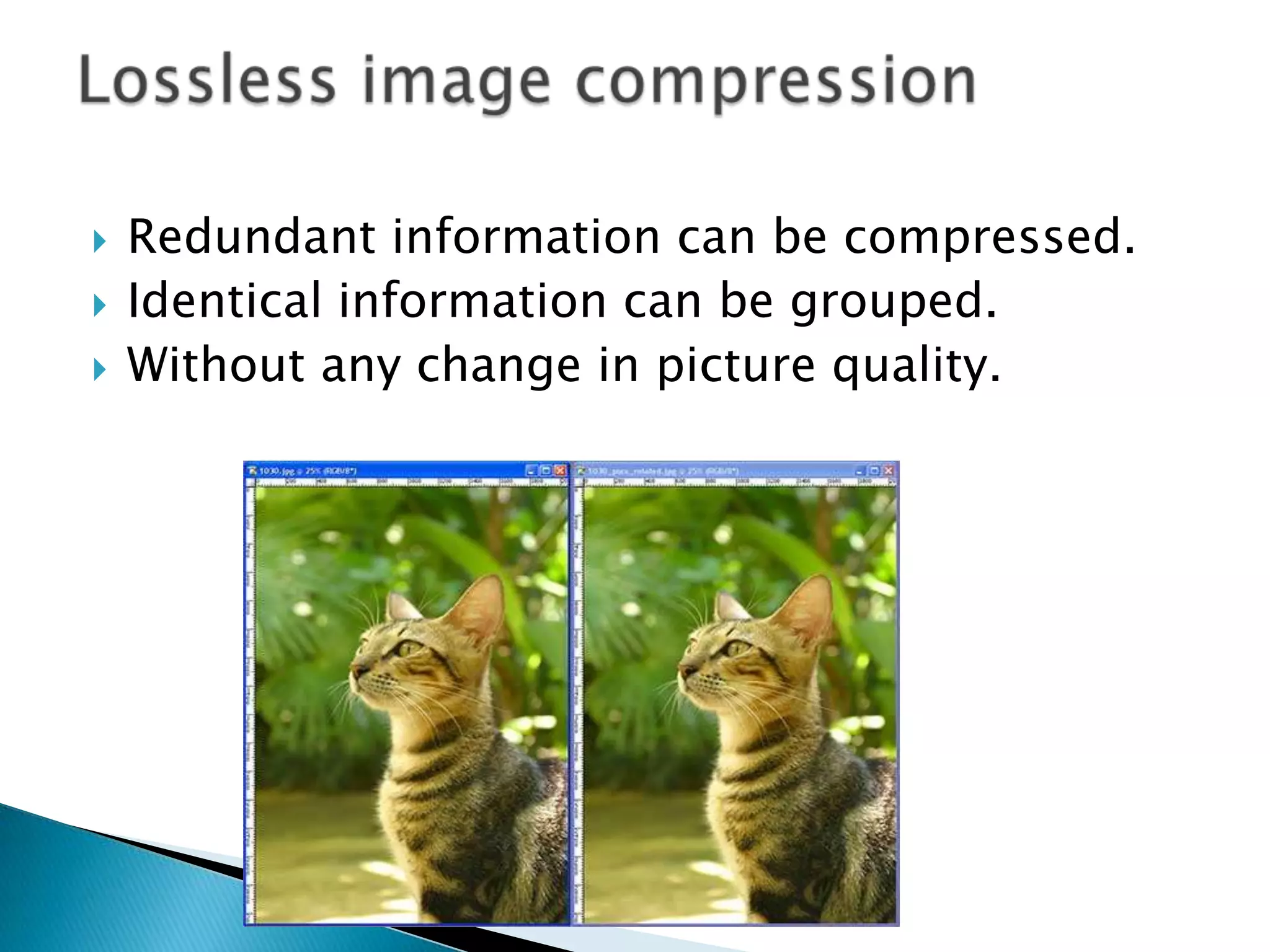 



Redundant information can be compressed.
Identical information can be grouped.
Without any change in picture quality.

 