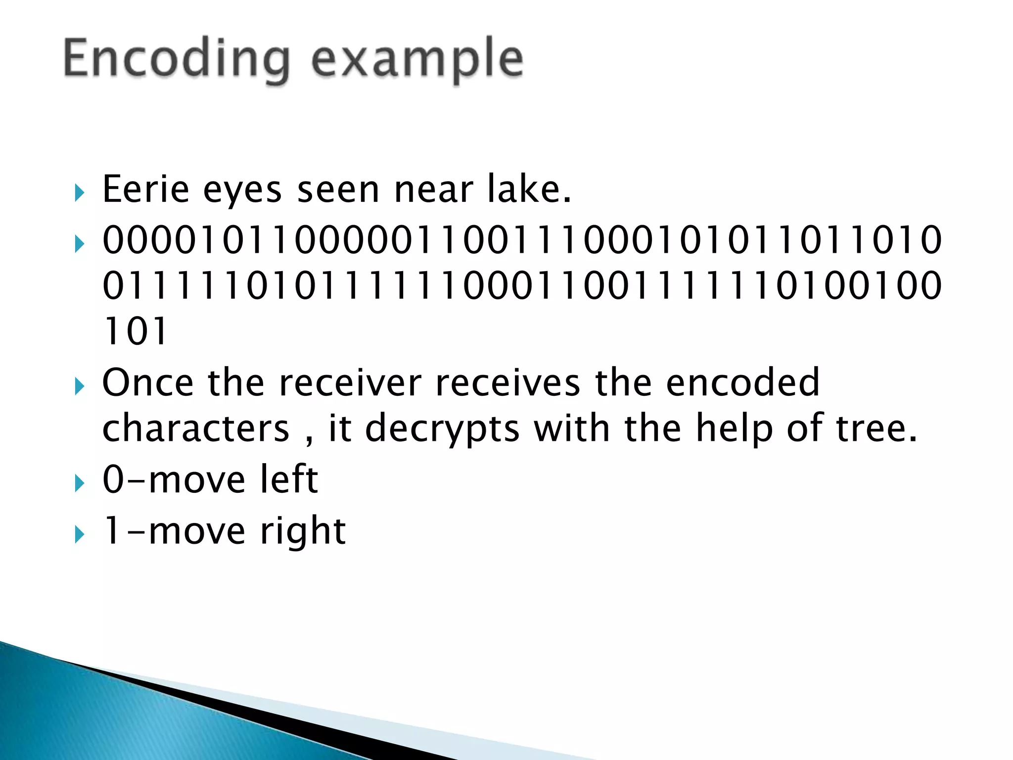 







Eerie eyes seen near lake.
00001011000001100111000101011011010
01111101011111100011001111110100100
101
Once the receiver receives the encoded
characters , it decrypts with the help of tree.
0-move left
1-move right

 