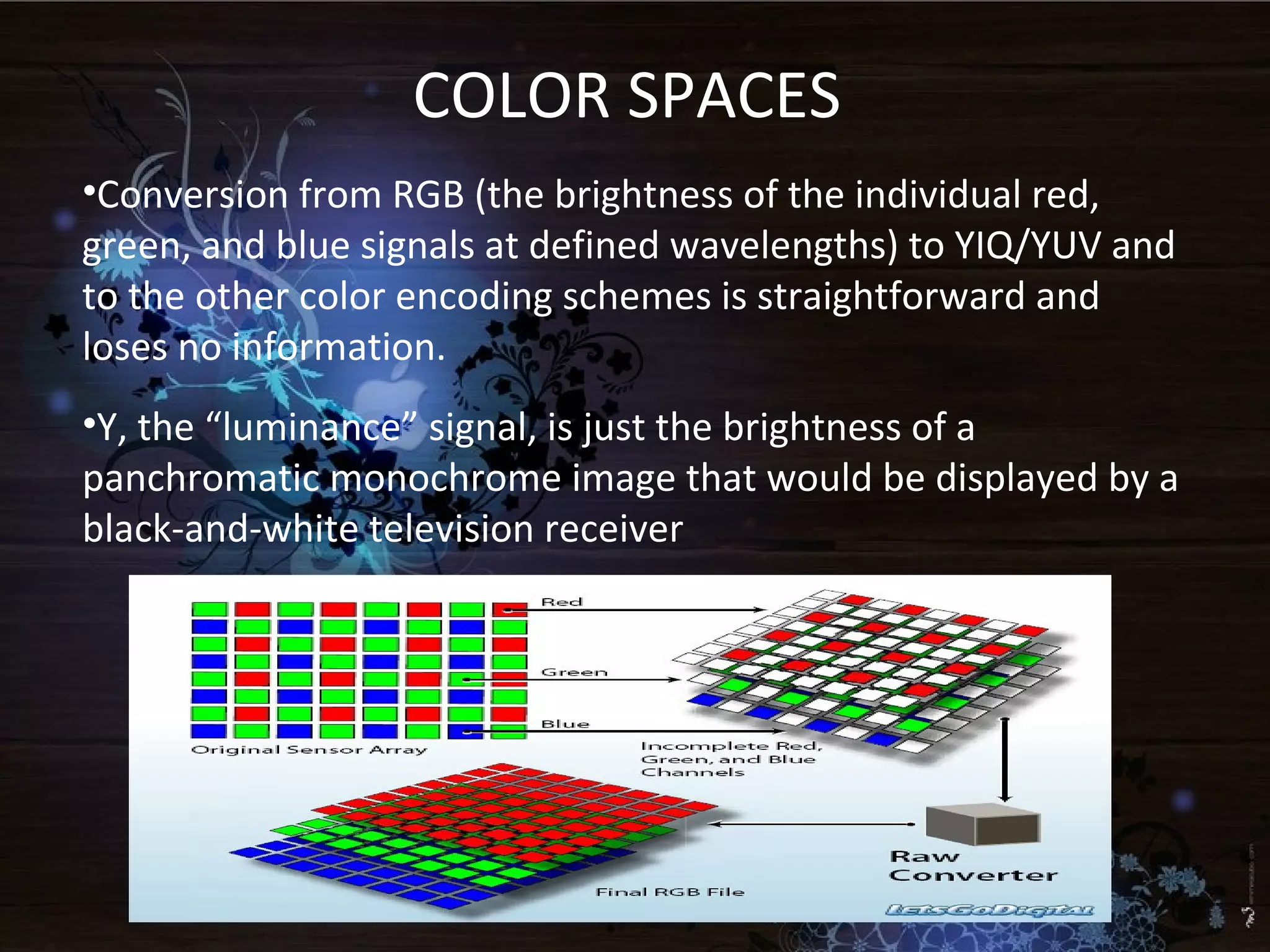 COLOR SPACES
•Conversion from RGB (the brightness of the individual red,
green, and blue signals at defined wavelengths) to YIQ/YUV and
to the other color encoding schemes is straightforward and
loses no information.
•Y, the “luminance” signal, is just the brightness of a
panchromatic monochrome image that would be displayed by a
black-and-white television receiver
 