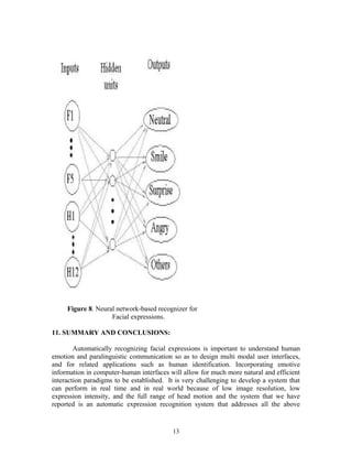 Figure 8. Neural network-based recognizer for 
Facial expressions. 
11. SUMMARY AND CONCLUSIONS: 
Automatically recognizing facial expressions is important to understand human 
emotion and paralinguistic communication so as to design multi modal user interfaces, 
and for related applications such as human identification. Incorporating emotive 
information in computer-human interfaces will allow for much more natural and efficient 
interaction paradigms to be established. It is very challenging to develop a system that 
can perform in real time and in real world because of low image resolution, low 
expression intensity, and the full range of head motion and the system that we have 
reported is an automatic expression recognition system that addresses all the above 
13 
 