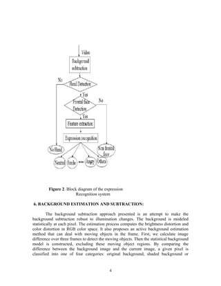 Figure 2. Block diagram of the expression 
Recognition system 
6. BACKGROUND ESTIMATION AND SUBTRACTION: 
The background subtraction approach presented is an attempt to make the 
background subtraction robust to illumination changes. The background is modeled 
statistically at each pixel. The estimation process computes the brightness distortion and 
color distortion in RGB color space. It also proposes an active background estimation 
method that can deal with moving objects in the frame. First, we calculate image 
difference over three frames to detect the moving objects. Then the statistical background 
model is constructed, excluding these moving object regions. By comparing the 
difference between the background image and the current image, a given pixel is 
classified into one of four categories: original background, shaded background or 
4 
 