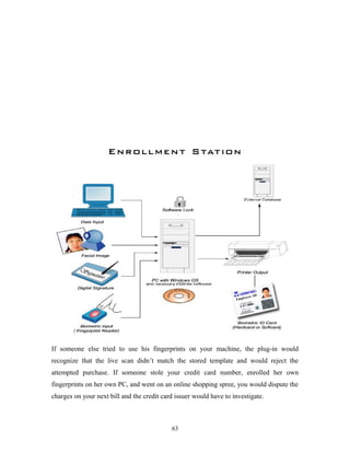 If someone else tried to use his fingerprints on your machine, the plug-in would 
recognize that the live scan didn’t match the stored template and would reject the 
attempted purchase. If someone stole your credit card number, enrolled her own 
fingerprints on her own PC, and went on an online shopping spree, you would dispute the 
charges on your next bill and the credit card issuer would have to investigate. 
63 
 