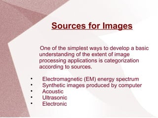 Sources for Images
One of the simplest ways to develop a basic
understanding of the extent of image
processing applications is categorization
according to sources.

Electromagnetic (EM) energy spectrum

Synthetic images produced by computer

Acoustic

Ultrasonic

Electronic
 