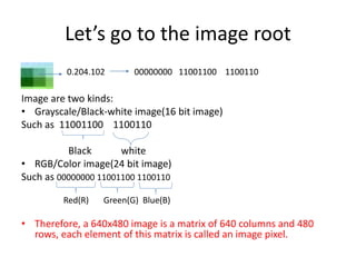 Let’s go to the image root 
0.204.102 00000000 11001100 1100110 
Image are two kinds: 
• Grayscale/Black-white image(16 bit image) 
Such as 11001100 1100110 
Black white 
• RGB/Color image(24 bit image) 
Such as 00000000 11001100 1100110 
Red(R) Green(G) Blue(B) 
• Therefore, a 640x480 image is a matrix of 640 columns and 480 
rows, each element of this matrix is called an image pixel. 
 