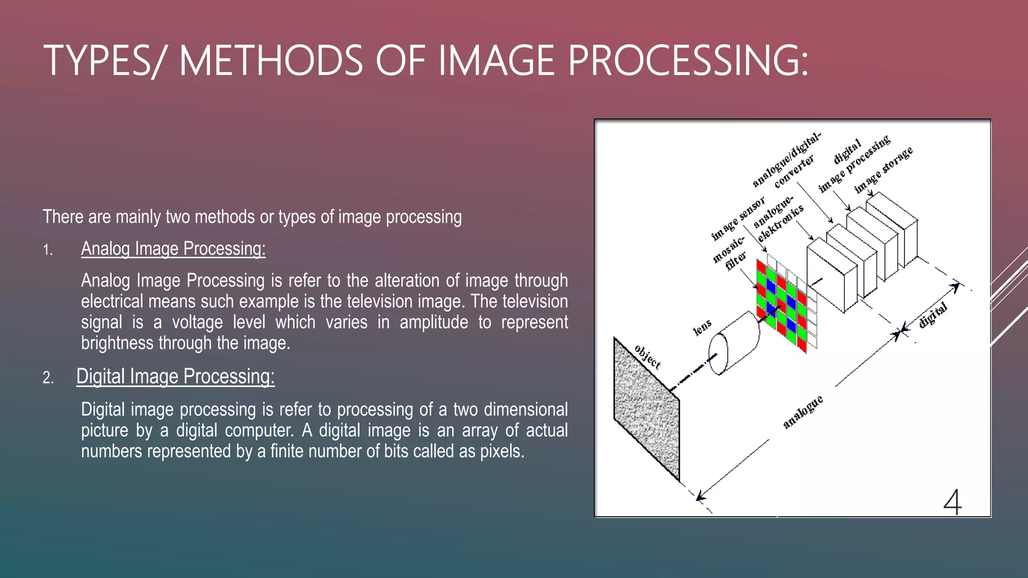 TYPES/ METHODS OF IMAGE PROCESSING:
There are mainly two methods or types of image processing
1. Analog Image Processing:
Analog Image Processing is refer to the alteration of image through
electrical means such example is the television image. The television
signal is a voltage level which varies in amplitude to represent
brightness through the image.
2. Digital Image Processing:
Digital image processing is refer to processing of a two dimensional
picture by a digital computer. A digital image is an array of actual
numbers represented by a finite number of bits called as pixels.
4
 