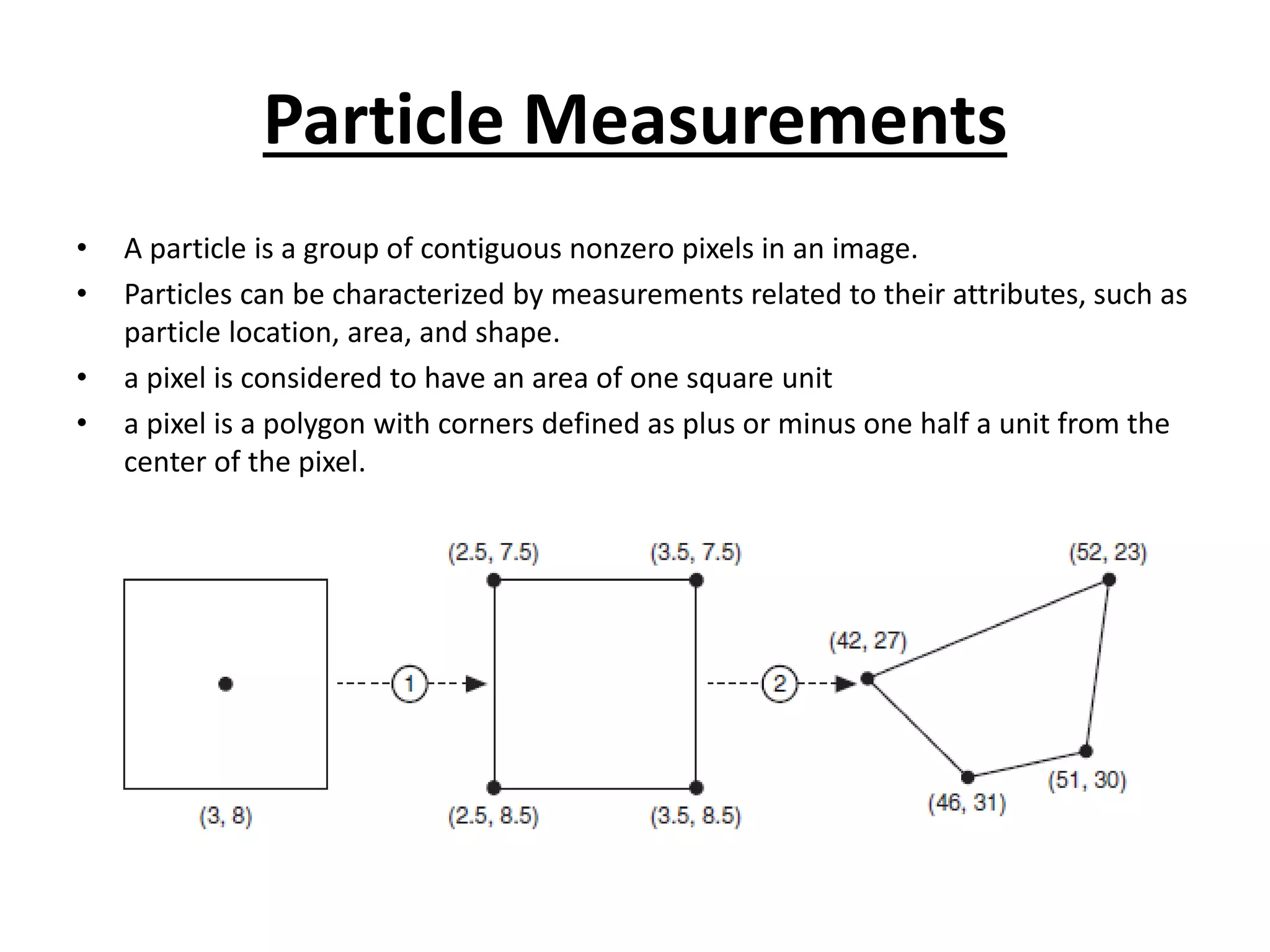 Particle Measurements
• A particle is a group of contiguous nonzero pixels in an image.
• Particles can be characterized by measurements related to their attributes, such as
particle location, area, and shape.
• a pixel is considered to have an area of one square unit
• a pixel is a polygon with corners defined as plus or minus one half a unit from the
center of the pixel.
 