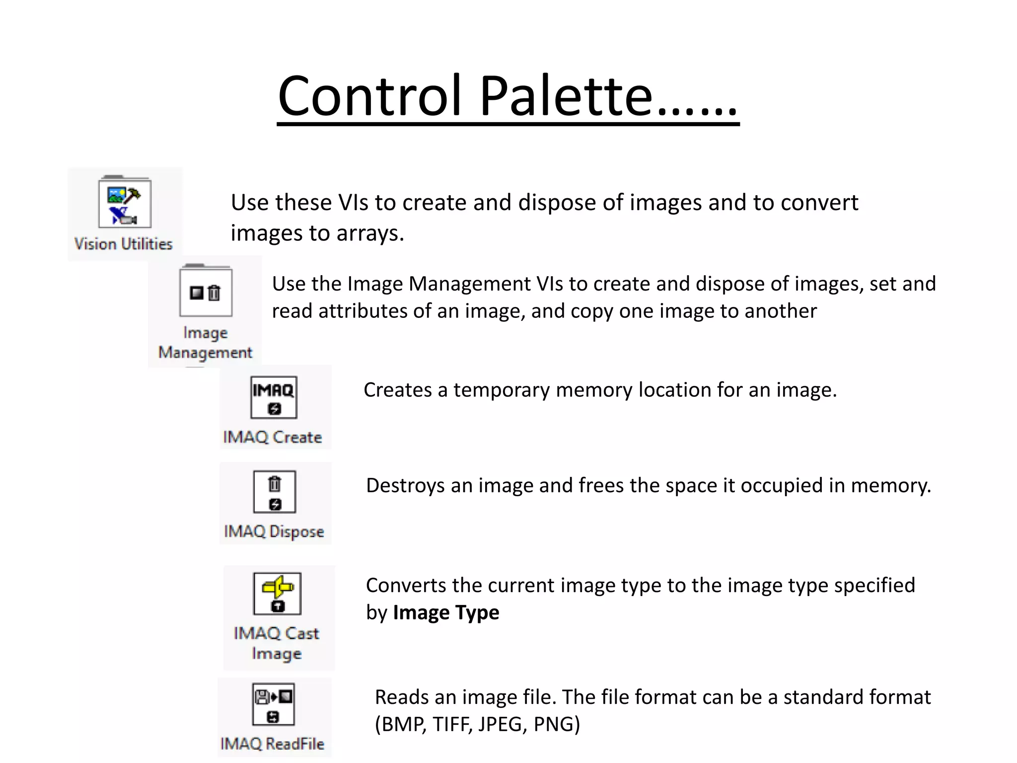 Control Palette……
Use these VIs to create and dispose of images and to convert
images to arrays.
Use the Image Management VIs to create and dispose of images, set and
read attributes of an image, and copy one image to another
Creates a temporary memory location for an image.
Destroys an image and frees the space it occupied in memory.
Converts the current image type to the image type specified
by Image Type
Reads an image file. The file format can be a standard format
(BMP, TIFF, JPEG, PNG)
 